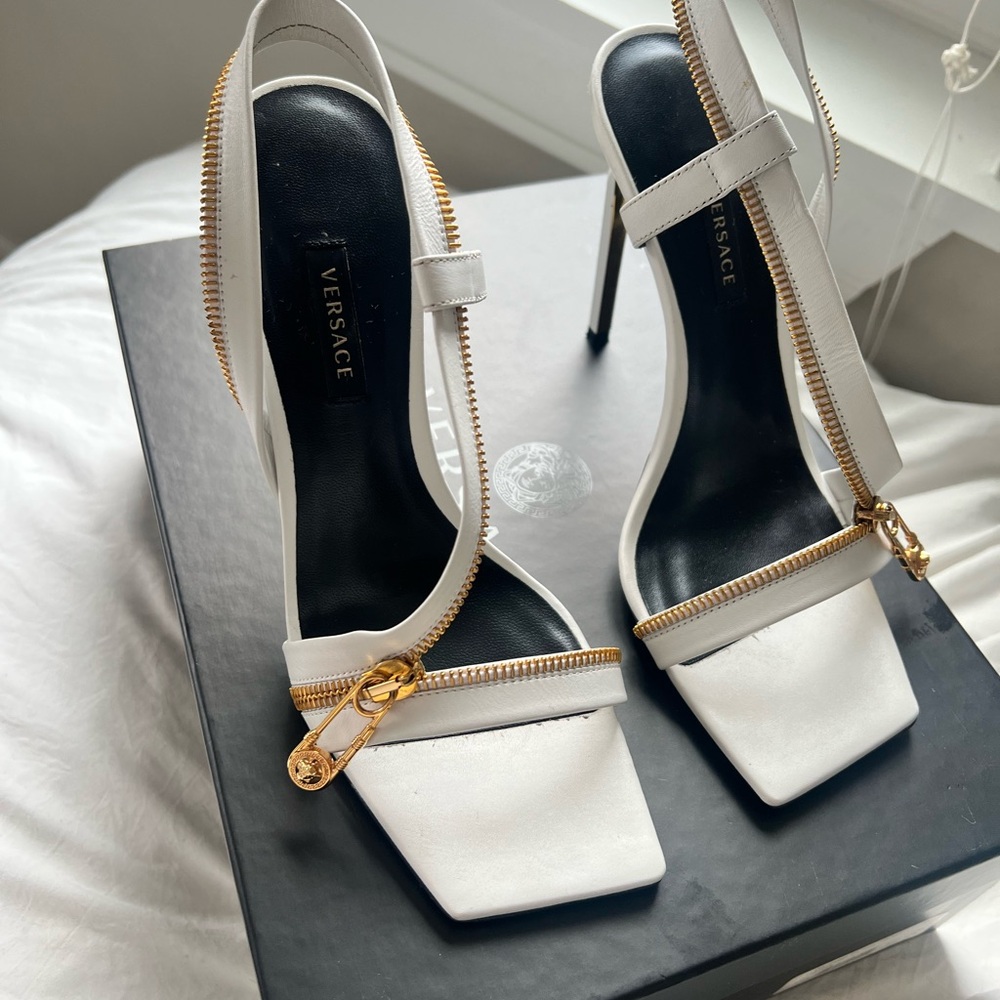 Versace White Heels with Gold Zipper Detail